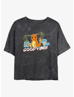 Anime Pokemon Good Vibes Starters Mineral Wash Womens Crop T-Shirt