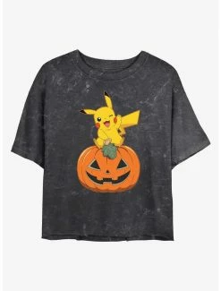 Anime Pokemon Pikachu Pumpkin Mineral Wash Womens Crop T-Shirt