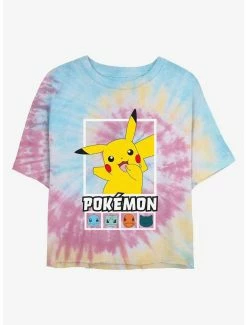 Anime Pokemon Battle Lineup Pikachu, Squirtle, Bulbasaur, Charmander, & Snorlax Tie-Dye Womens Crop T-Shirt