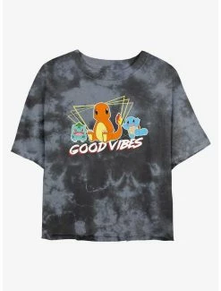 Anime Pokemon Good Vibes Starters Tie-Dye Womens Crop T-Shirt