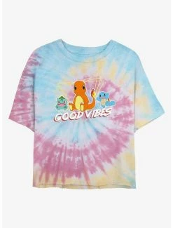 Anime Pokemon Good Vibes Starters Tie-Dye Womens Crop T-Shirt